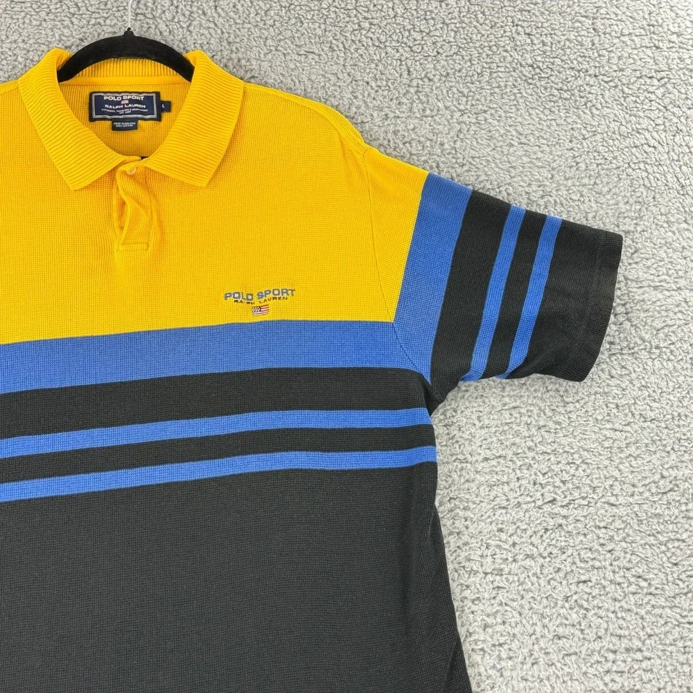 Ralph Lauren Polo Sport Shirt Men Large Yellow Black Stripe Short Sleeve Vintage